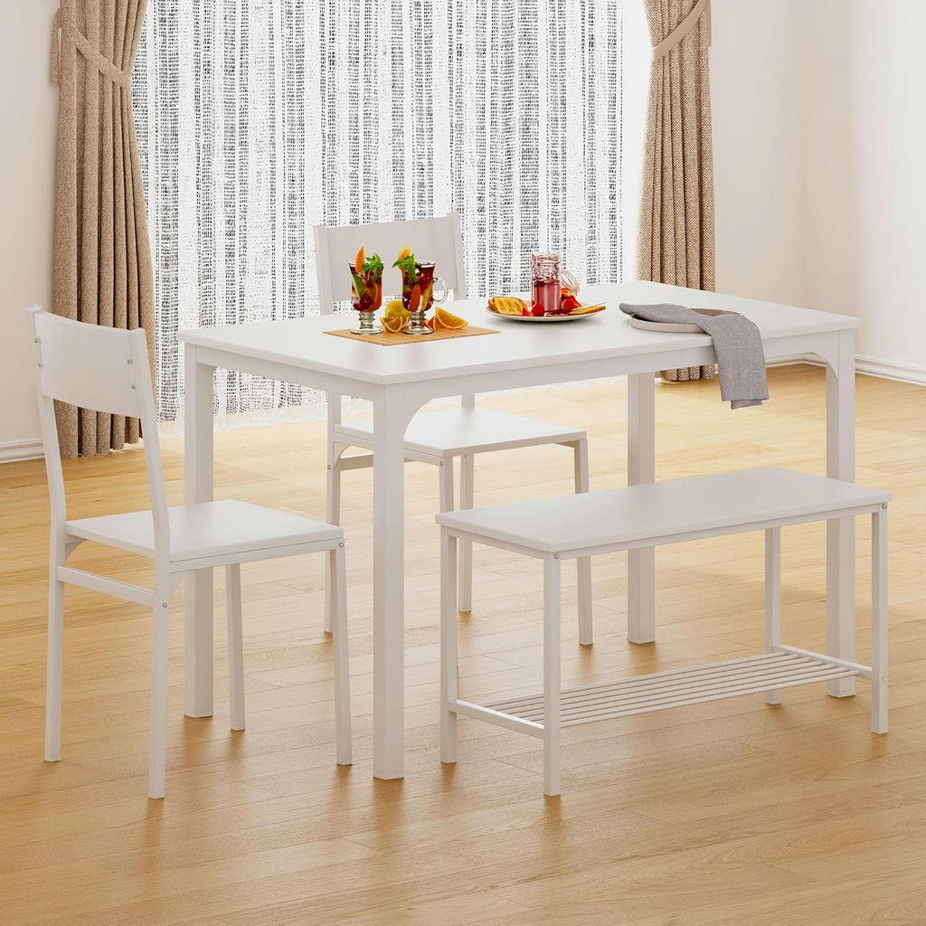 Dining Table and Chairs Dining Table Set with 2 Chairs and 1 Bench Bar Set Kitchen Table and Chairs for Dining Room Bistro Set，Pure White